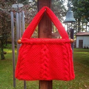 Red Knitted Purse or Tote with Bright Floral Lining and Wood Bar(s) - Handmade